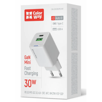 Зображення МЗП Colorway GaN Mini 30W PD Port PPS USB (Type-C PD   USB QC4.0) біле