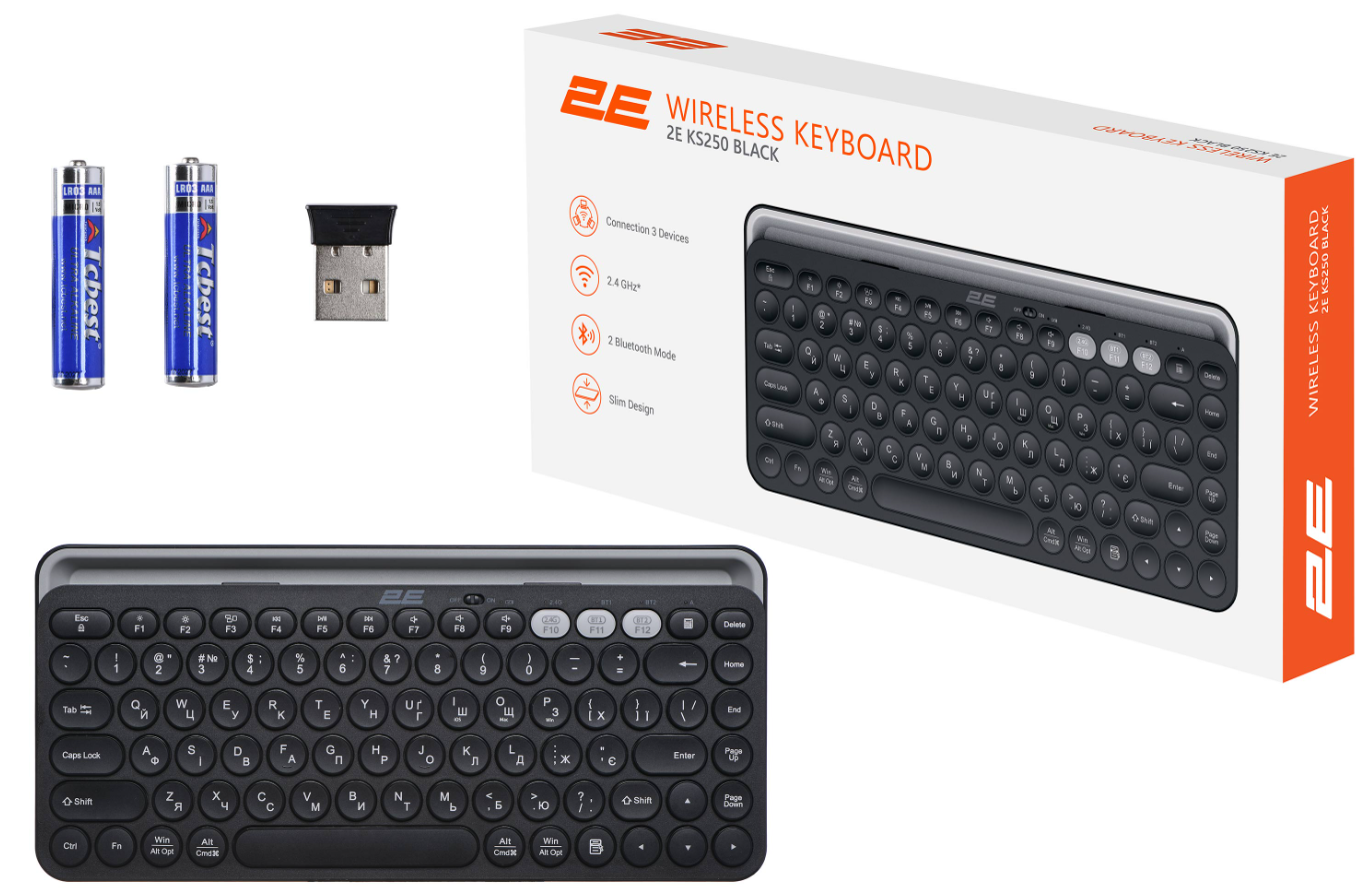 Клавіатура 2E KS250 Wireless USB/Bluetooth UA Black (2E-KS250WBK_UA) фото №9