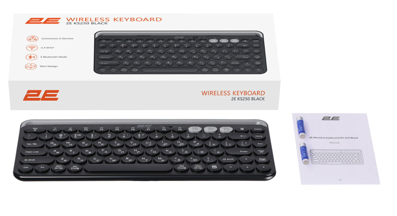Клавіатура 2E KS250 Wireless USB/Bluetooth UA Black (2E-KS250WBK_UA) фото №11