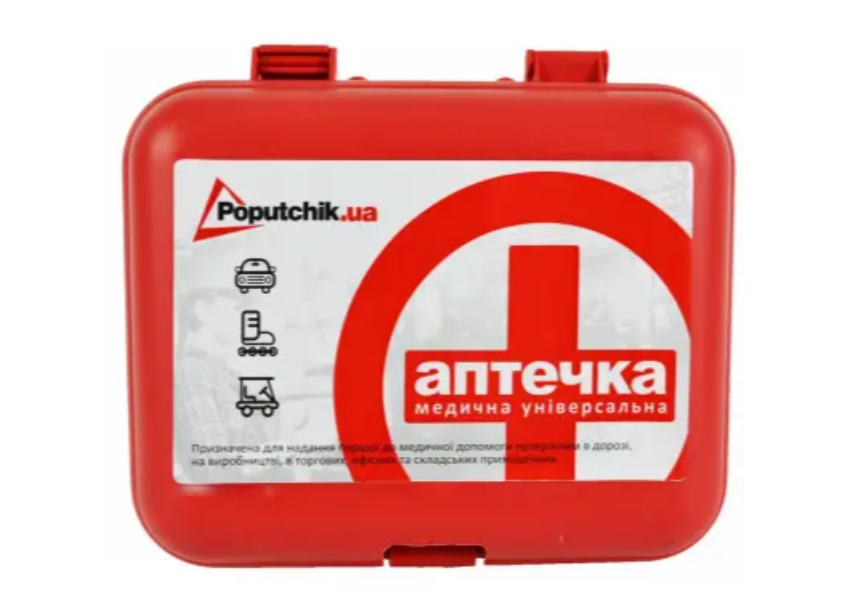 Аптечка автомобільна Poputchik універсальна згідно ТУ футляр пластиковий червоний 165х135х6 (02-022-П)