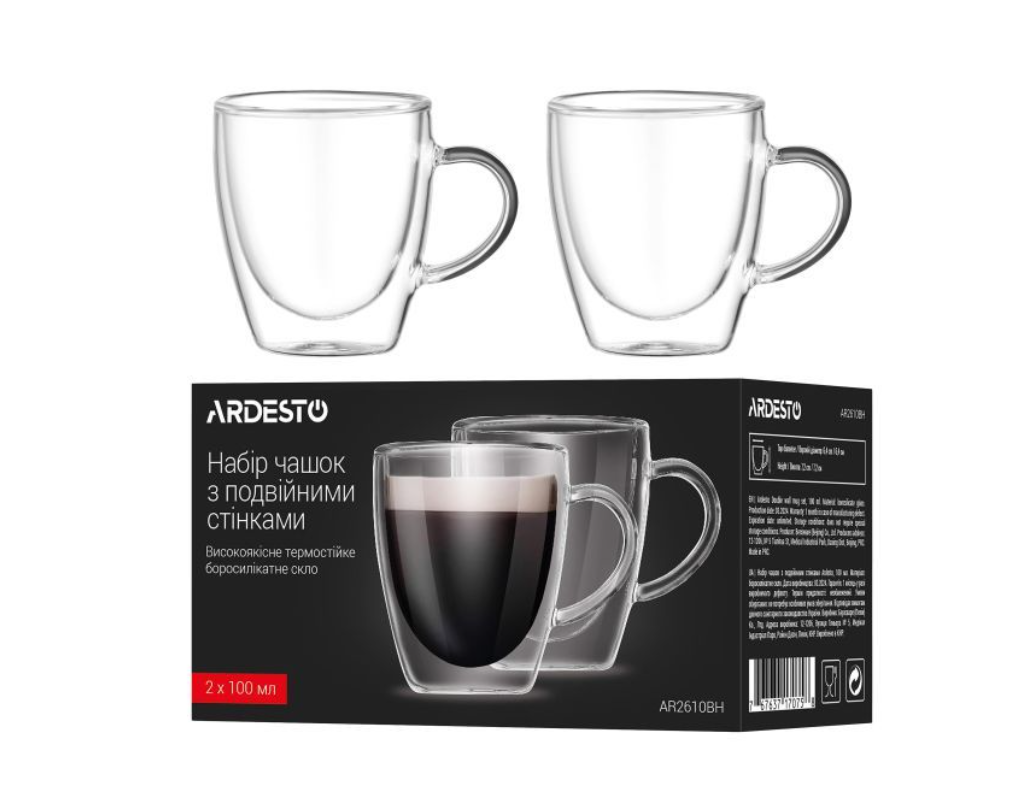 Набор чашек Ardesto 100мл, 2шт, боросилікатне скло, прозорий (AR2610BH)