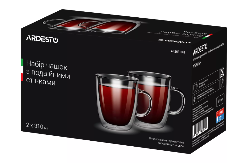 Набор чашек Ardesto 310мл, 10.2см, 2шт, боросилікатне скло, прозорий (AR2631GH) фото №2