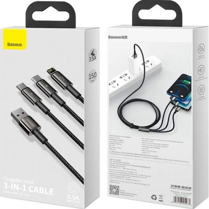 Кабель USB Baseus USB 2.0 AM to Lightning   Micro 5P   Type-C 1.5m 3.5A black (CAMLTWJ-01) фото №3
