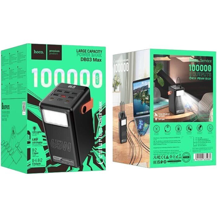 Мобільна батарея Hoco 100000mAh Max Centurion PD/65W, QC, LED Lamp, Black (DB03 / 714722) фото №3