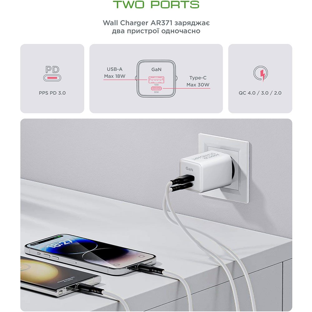 СЗУ Armorstandart AR371 30W GaN Type-C   USB White (ARM77549) фото №6