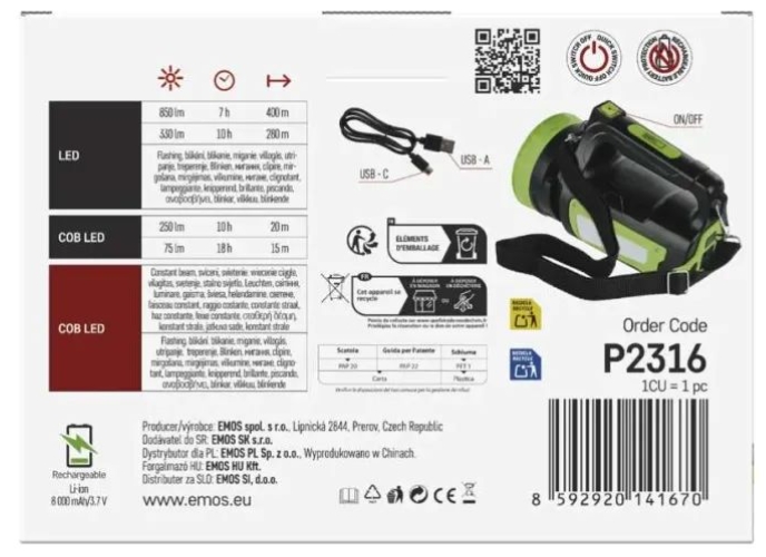 Фонарик EMOS P2316 LED  COB LED 850 лм 8000 мАг фото №12