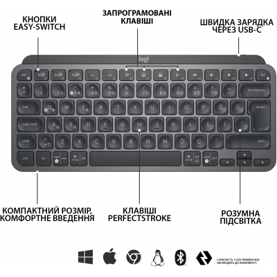 Клавіатура Logitech MX Keys Mini Wireless Illuminated Graphite (920-010501) фото №5