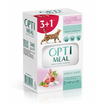 Вологий корм для котів Optimeal з ягням та овочами в желе 4x85 г (4820083907470)