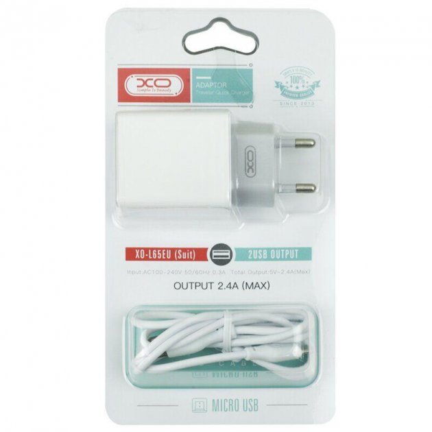 СЗУ XO L 65 2 USB 2.4A   Micro USB White фото №2
