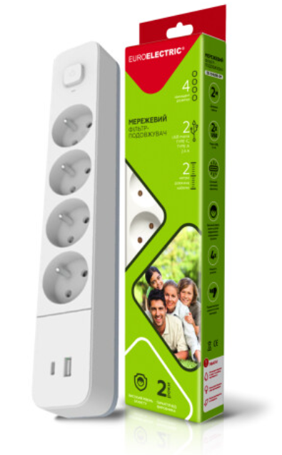 Мережевий фільтр Euroelectric Х4, 10А, 2М з USB, Type C (30)