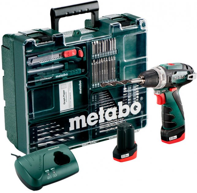 Шуруповерт Metabo PowerMaxx BS Basic акумуляторний, 10.8V 2x2Aг, кофр, набір приладдя 63 шт