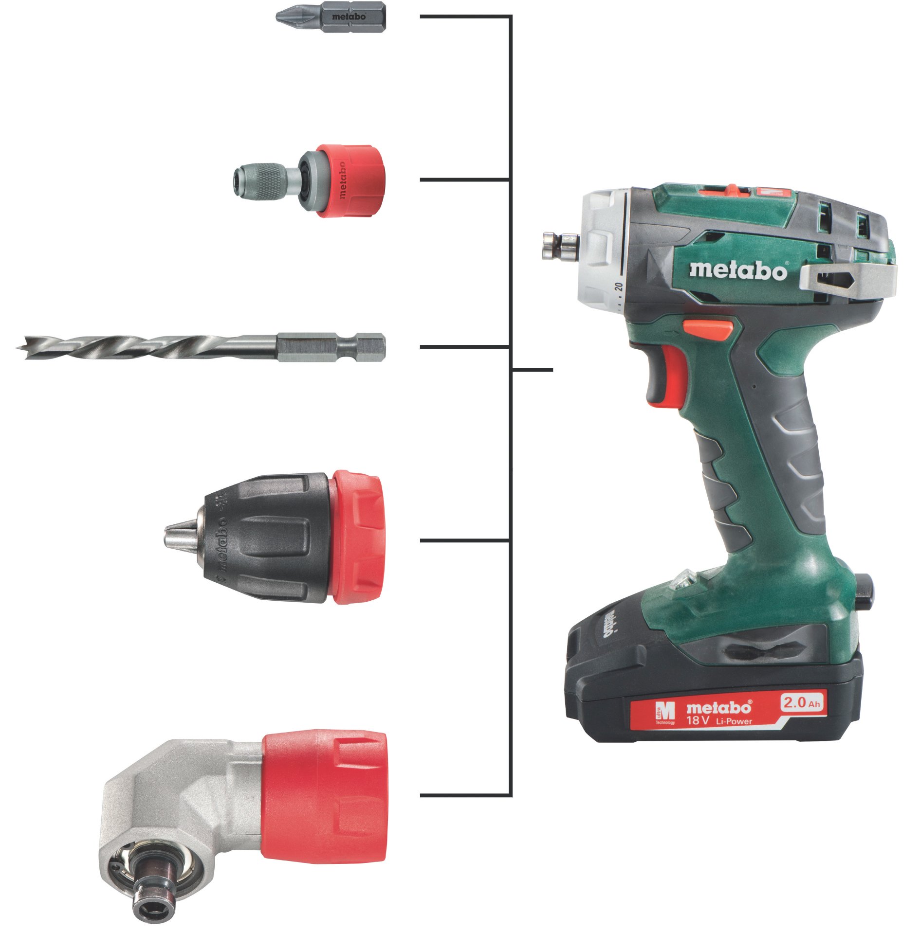 Шуруповерт Metabo BS 18 Quick акумуляторний, 18V 2x2Aг,кофр, кут.насадка,набір SP(9 шт) фото №6