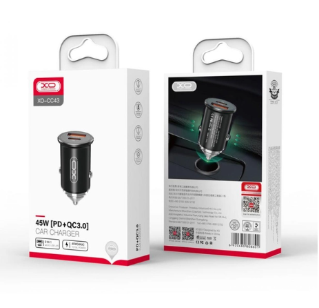 АЗП XO CC43 1 USB QC 3.0   1 Type-C PD (45W) Black фото №3