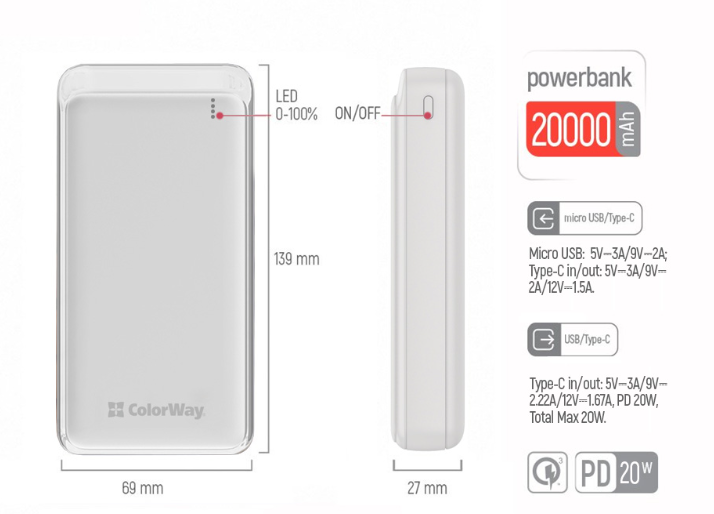 Мобільна батарея Colorway CW-PB200LPG3WT-PD фото №6